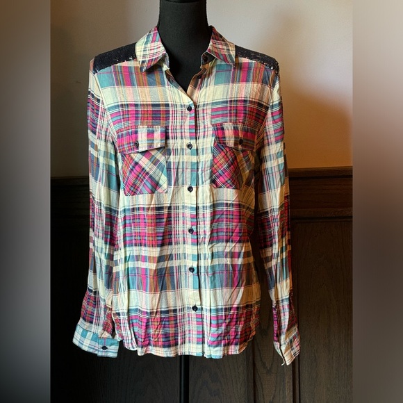 entro Tops - Entro Plaid Sequin Shoulder Button Down western Boyfriend Shirt Top Sz M